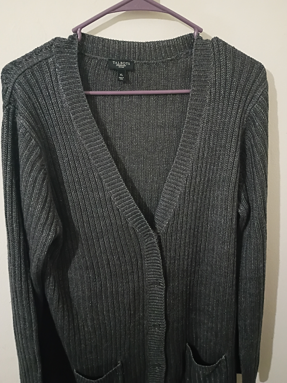 Talbots Linen Charcoal Ribbed Open-Front Cardigan - Picture 2 of 6